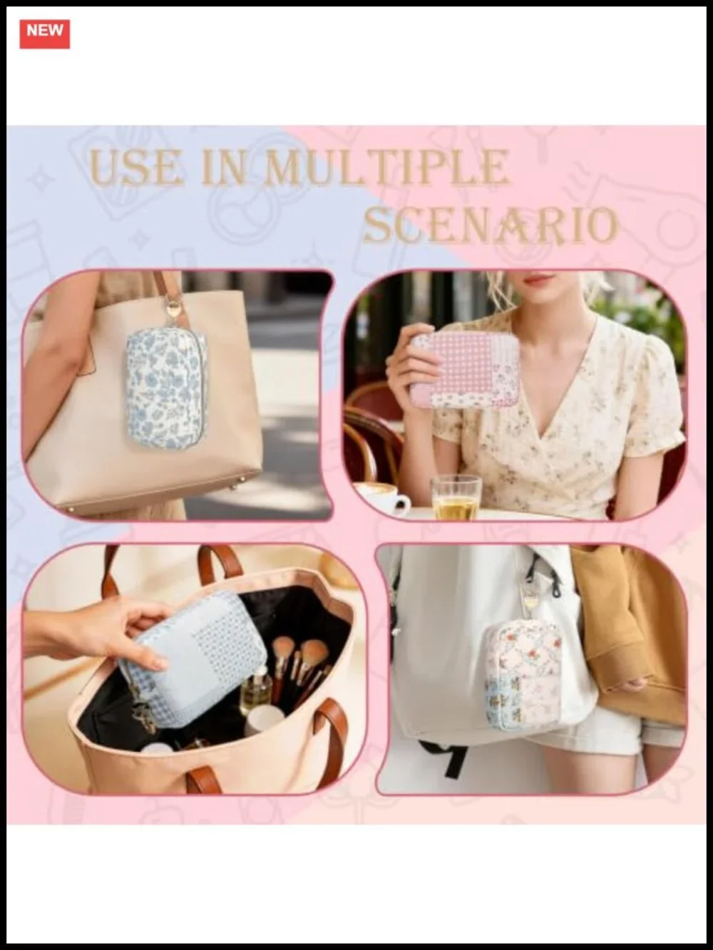 Quilted Cotton Cosmetic Pouch with Multiple Pockets, Travel Makeup Bag with